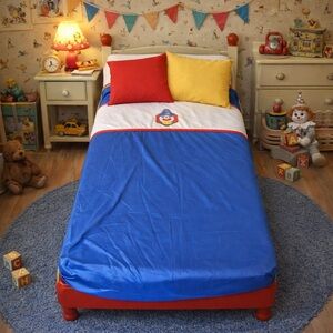 Vintage Blue and White Embroidered Happy Clown Fitted Toddler/Crib Bed Sheet